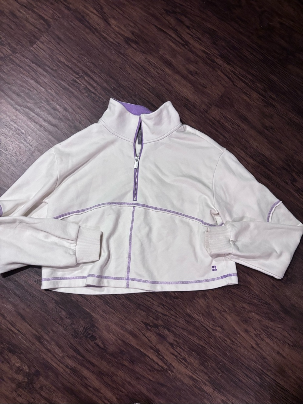 Sweaty Betty Ivory Zip-Up Pullover with Lavender Collar